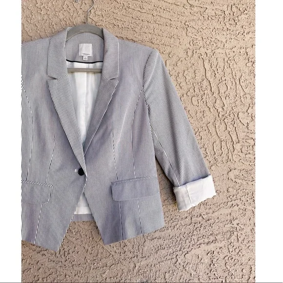 HALOGEN Blue & White Striped Pinstripe Stretch Cotton Suit Jacket Blazer - Picture 6 of 10